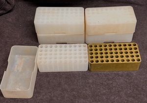 lot 290 image: Five (5) Ava Plastics Fitall Pistol Pistol Round Storage Boxes &amp One Box for .38 Special and .222 Rounds