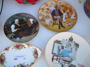 lot 71 image: Old country roses Royal Albert dish, Norman Rockwell 1894-1978 decor plate X3