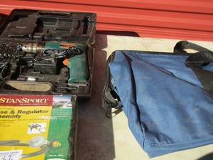 lot 119 image: Ryobi tool bag, stan sport hose regulator assembly kit NIB, used singer 38 drill in case