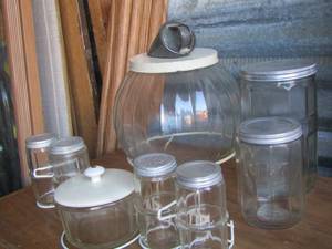 lot 203 image: Salt and pepper shakers, coffee and tea canisters