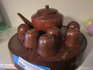 lot 10 image: BELIZE Wooden tea set - 6 mini cups with tea pot