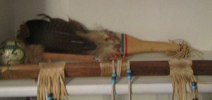 lot 42 image: NATIVE AMERICAN  handmade fan made from Bird feathers, NATIVE AMERICAN RATTLE  (LIZARD) ,  NATIVE AMERICAN Flute