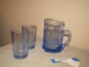 lot 136 image: Jack & Jill Blue Depression Glass  2 GLASSES & PITCHER  - 3 PCS TOTAL