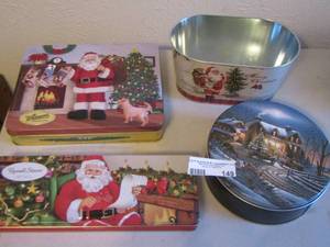 lot 149 image: Whitemans Santa tin can, Russell Santa tin can, Santa small metal bucket plus