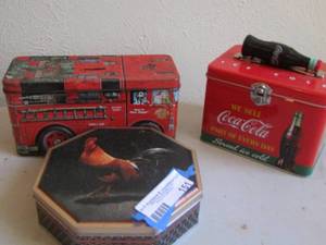 lot 151 image: 3 Coca- Cola tin cans, fire truck bank, rooster tin