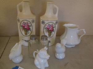 lot 155 image: glass oil vinegar canisters, s&p bird shakers, cow creamer and more