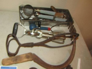 lot 191 image: Vintage hand mixer, ice TONGS, CAN Opener, vintage sickle PLUS