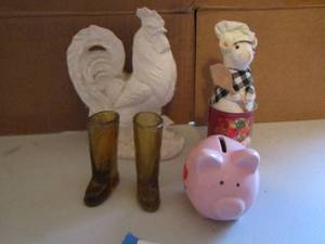lot 208 image: I love my piggy bank qty 2, tooth pick holder boot design, ceramic rooster
