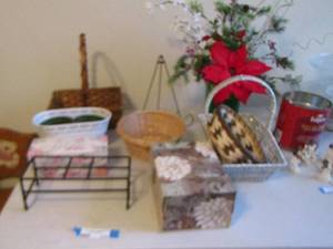 lot 218 image: wicker baskets, metal basket, decorative boxes