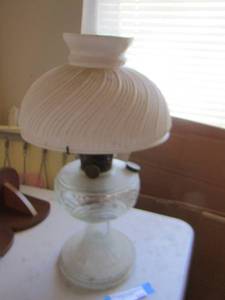 lot 223 image: ANTIQUE LARGE OIL LAMP- MILK GLASS SHADE, TALL CHIMNEY