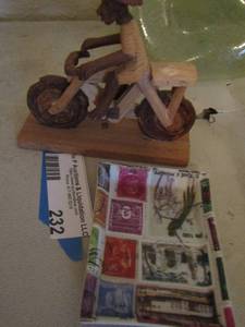 lot 232 image: Black Americana wooden figurine riding a bike  &  Fabrenne Jauvin Paris  tray