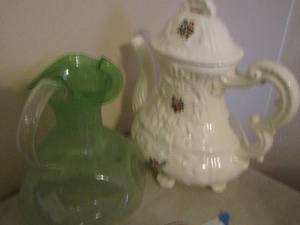 lot 233 image: White covered tea pot , Green glass  pitcher