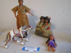 lot 243 image: Native American doll on stand, ceramic mom daughter baby, horse and small doll