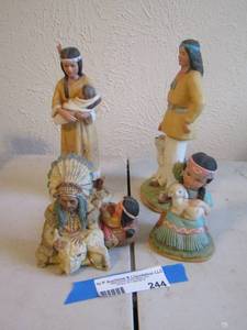 lot 244 image: H&G warrior with dog,  Squaw with baby 1447- Girl with puppy 1428-   ceramic chief and more
