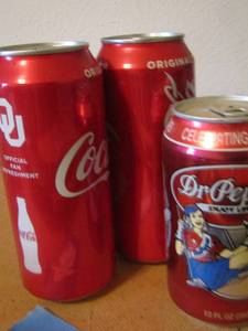 lot 279 image: Aluminum unopened COCA-COA Cans , unopened DR.  PEPPER Bottles 125th anniversary