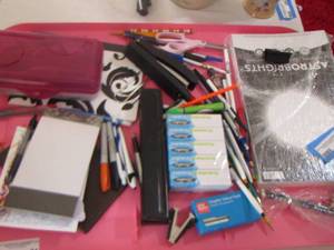 lot 293 image: Lot of school supplies, pens, pencils, staples, hole punch plus