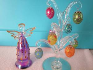 lot 301 image: Glass Easter egg tree, purple glass angel