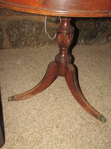 lot 360 image: DRUM TABLE  with 3 legs, one drawer, claw feet  LEATHER  INLAYED ON TOP   - Grand Rapids Furniture