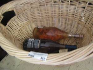 lot 368 image: wicker basket, includes dcorative wine bottles