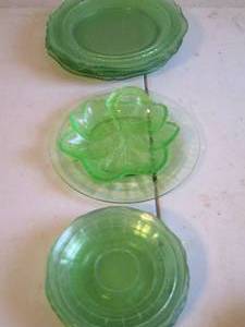 lot 373 image: Green glass  Depression glass saucers,  plates  & candy dish