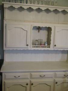 lot 3 image: Vintage kitchen dining hutch  two piece,   WHITEISH  2 top door with 2 tier storage inside---- size for top 4ft5ft12-- bottom has 3 drawer 3 door -- bottom size 322261 12