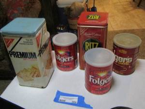 lot 384 image: Folgers coffee tin cans qty 4      Ritz limited edition tin, premium crackers tin