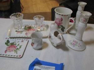 lot 387 image: floral candle stands qty 2, handled bird creamer, crystal tooth pick holder and more