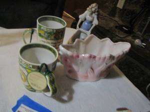 lot 389 image: lady figurine, pink floral glass basket, 2 coffee cups