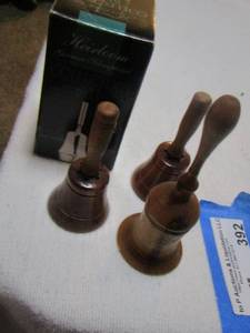 lot 392 image: small wooden bells and heirloom collectors bell in original box  QTY 3