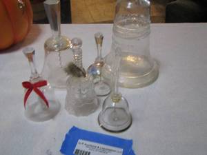 lot 394 image: various size crystal glass bells  QTY 4 , glass bottle missing lid