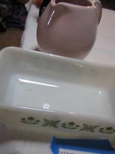 lot 410 image: Fire King bread pan,   Pink Pitcher by RUSSELL WRIGHT