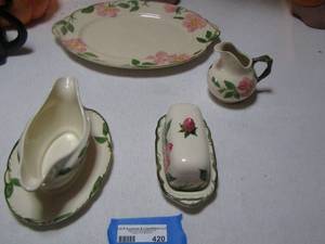 lot 420 image: Franciscan Dusty Rose serving pieces oblong platter, creamer, covered butter dish, gravy boat attached to tray  4 PCS  X $$