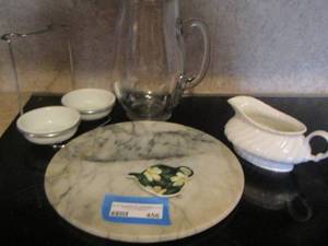 lot 456 image: Water pitcher, Round marble pad,  gravy boat and more
