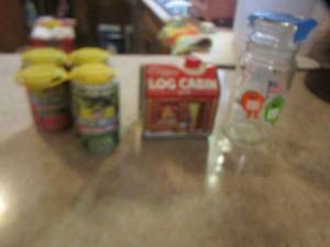 lot 470 image: M&M jar with lid,  Log cabin syrup tin unopened,   best made spicy pickle beer cans,  used for dcor