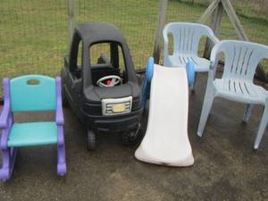 lot 544 image: Outdoor plastic chairs childs chairs, childs push play car