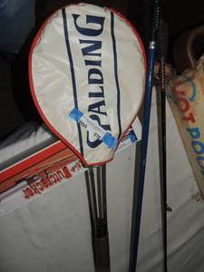 lot 616 image: fishing pole- fishing gaff- Spalding tennis racket