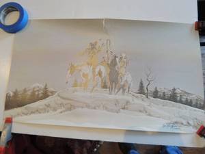 lot 564 image: NATIVE AMERICAN ART - WARRIORS ON HORSEBACK IN SNOW,  BY DOC TATE NEVEQUAYA (COMANCHE) 15 X 26 12