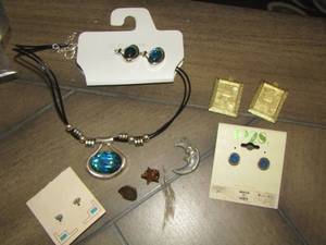 lot 744 image: PAIR OF BLUE EARRINGS WITH MATCHING NECKLACE, 1928 BLUE STUD EARRINGS, SHIRT PINS, NECKLACE MOON PENDANT