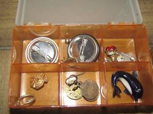 lot 853 image: FLORAL DIVIDED TRINKET BOX, PAIR OF STUD EARRINGS, DIVIDED BOX WITH MISC. EARRINGS, SHIRT PINS