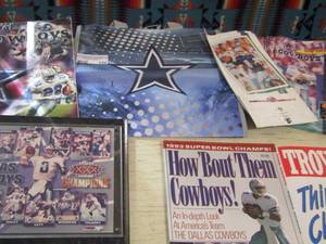 lot 330 image: DALLAS COWBOYS LOT -How about them Cowboys, THINGS CHANGE, Books 1995-1996 SUPER BOWL XXX CHAMPS W 2 CARDS, AIKMAN SACKS, 1996 CALENDAR