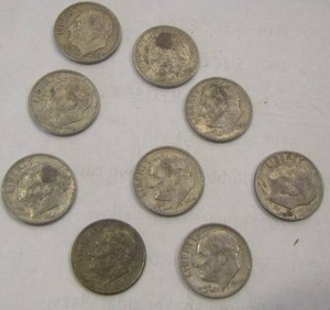 lot 892 image: ROOSEVELT DIMES - 1950, 1956, 1964 X 3, 1965 X 2  9 TOTAL