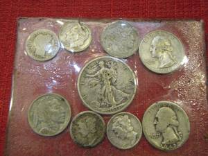 lot 893 image: 1935 WALKIG LIBERTY HALF DOLLAR, 1912 LIBERTY DIME, 1957 JEFFERSON DIME, 1937 & NO DATE BUFFALO NICKLES, 1944 & 1927 MERCURY DIMES, 1942 & 1941 QUARTER  9 COINS X $$