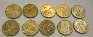 lot 900 image: GOLD DOLLAR COINS   QTY OF 10  JOHN TYLER, JAMES MADISON, POLK, MONROE, JACKSON   X$$