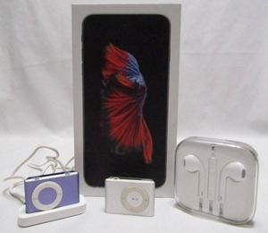 lot 45 image: 2 Apple iPod Shuffle (2G) devices, Apple EarPods, and iPhone 6s box (no phone)