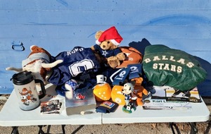lot 111 image: Assorted sports memorabilia, including Dallas Cowboys, Dallas Stars, University of Texas Longhorns, and more