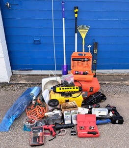 lot 61 image: Assorted tools, including Black & Decker rechargable drill with drill bits, StackOn tool box, Home Depot Homers Box tool box, foam pipe insulation, screwdriver kit, and more