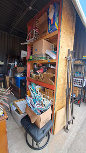 lot 66 image: Assorted home decor and housewares, including Instant Pot rice cooker, baskets, clothes hangers, and more (shelf not included)