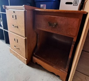 lot 77 image: Wood file cabinet and vintage telephone stand