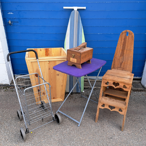 lot 73 image: Miscellaneous housewares, including ironing board, Kiwi shoe cleaning set, and more