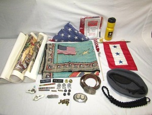 lot 13 image: Assorted patriotic memorabilia, including American flag, ROTC memorabilia, Confederate flag, WWII Sons in Service flag, and more
